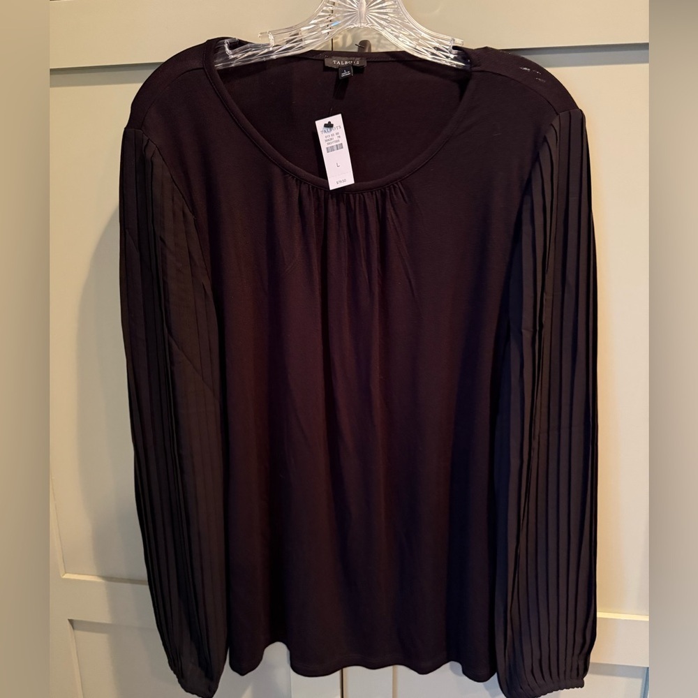 NWT Talbots Black Blouse with Pleated Sleeves SZ L